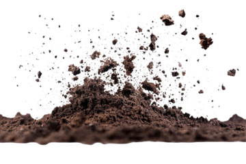 Explosion of mud and dirt isolated on transparent background. Soil explosion effects showcasing flying debris and particle dispersion isolated on white background.