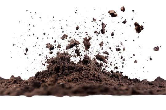 Explosion of mud and dirt isolated on transparent background. Soil explosion effects showcasing flying debris and particle dispersion isolated on white background.