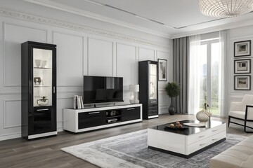 Modern TV lounge with a large L-shaped velvet sofa, marble coffee table, and backlit media wall 