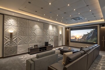 Neutral-tone luxury TV room with suede sectional, coffee table books, and architectural lighting