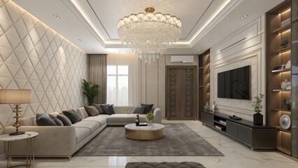 Modern luxury living room with oversized sectional, statement chandelier, and textured feature wall