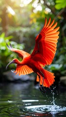 Vibrant scarlet bird in flight, taking off from dark water, lush green background