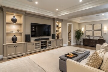 High-end apartment TV lounge with panoramic windows, plush seating, and sculptural light fixtures