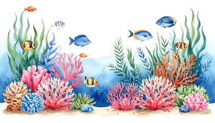 Vibrant watercolor painting of underwater scene with colorful coral, seaweed, and various fish species