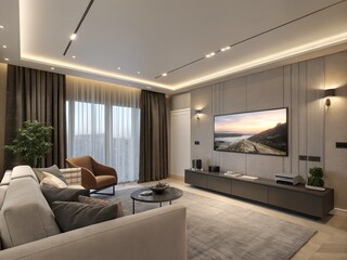 Spacious luxury living room with central TV wall divider, floating shelves, and designer floor lamps
