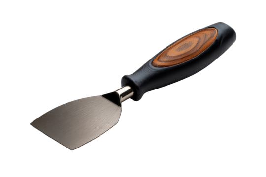 Metal putty knife with wood-inlaid handle.  Close-up view.  Tool is angled,  showing smooth metal blade and black handle with light-brown wood inlay