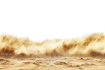 Dust storm blowing across a desert landscape isolated on transparent background. Spectacular sandstorm with billowing clouds of dust sweeping across a desert landscape isolate on white background.