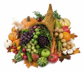 Bundant cornucopia overflowing with fresh vegetables and fruits on a plain background
