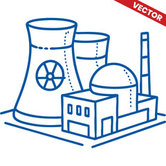 Simplified Line Drawing of a Nuclear Power Plant with Cooling Towers and Reactor Showing Energy and Steam Emissiont