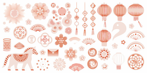 Collection of traditional chinese new year decorative elements in soft peach and coral tones