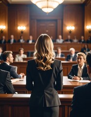 Woman in dark suit addresses a courtroom audience