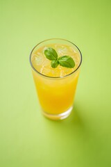 Flatlay Iced Pineapple Punch Fresh Basil Leaves Pastel Lime Background