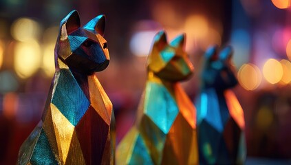 Geometric cat figurines in vibrant colors, blurred city lights background