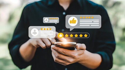 Person using a smartphone to give a star rating with review bubbles around