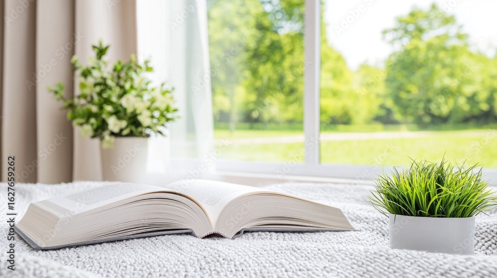 Poster peaceful book nook with a soft fabric backdrop verdant potted plant and natural light streaming thro