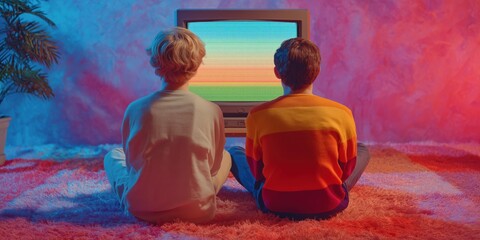 Two boys sit side by side on a fuzzy rug watching a rainbow screen, symbolizing LGBTQ+ pride, friendship, and nostalgia in a safe, inclusive 90s-inspired space full of color and warmth.
