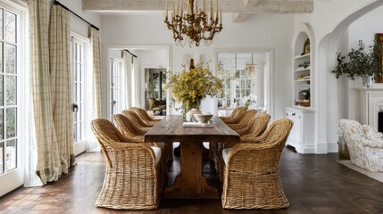 A spacious, light-filled dining room with a large wooden table and wicker chairs.