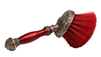 Ornate red bristle brush with a silver-toned metal head and wooden handle