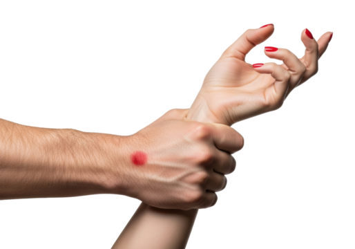 Strong male caucasian hand firmly grips delicate female hand with vibrant red nails and a distinct red smudge on his wrist, isolated on a transparent studio background, implied conflict and tension