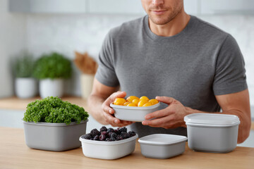 Man holding container of yellow tomatoes with other produce in containers on table