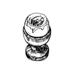 Boiled egg in a server, holder, egg cup. Prepared egg dish, healthy meal sketch drawing, outline illustration in engraving style. Hand-drawn vector line art clipart isolated on a white background