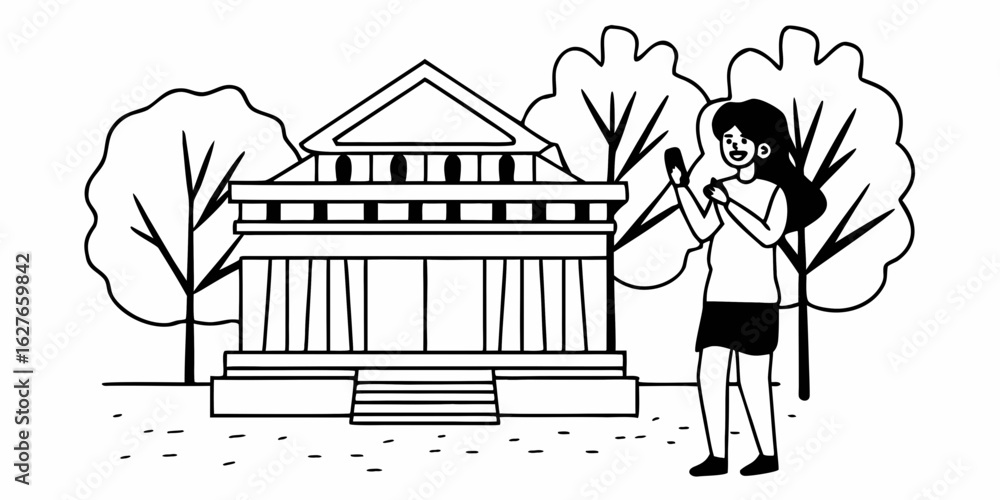 Poster illustration of a woman using her phone in front of a building with trees in the background scene