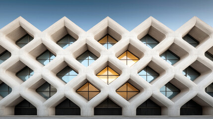 Modern Geometric Facade with Diamond-Shaped Concrete Frames

