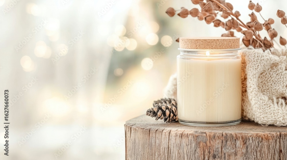 Aufkleber cozy and warm candle set on a rustic wooden table with a pine cone accent creating a serene and inti