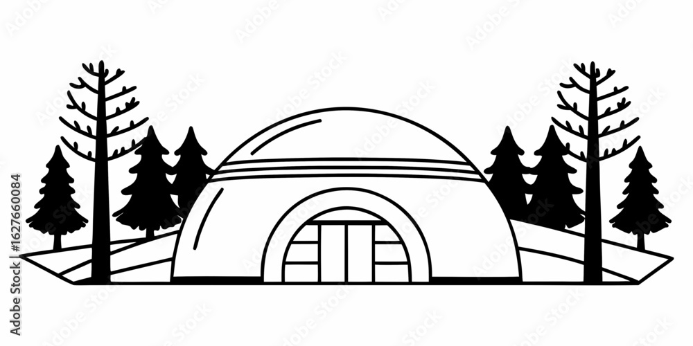 Poster a geodesic dome structure with trees around it in a black and white minimalist line art style drawin