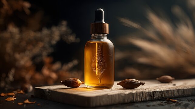 Golden elixir in dropper bottle with natural elements