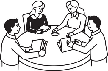 Four people in a meeting around a round table discussing documents discussion collaboration