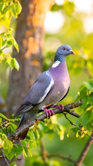 A pigeon perched on a branch in a tree