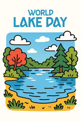 World Lake Day: peaceful lake scene with lush greenery and colorful trees under a clear blue sky on World Lake Day, celebrating the harmony of nature and the importance of preserving water bodies