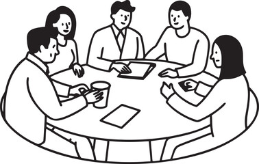Five people in a meeting around a round table discussing documents discussion collaboration