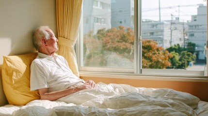 Elderly man lies in bed bathed in sunlight, gazing thoughtfully out the window at trees and buildings, evoking themes of reflection, aging, care, and peaceful moments in a bright room.