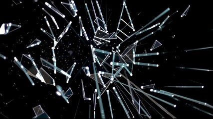 Intense shattered glass from violent explosion reveals destruction and dramatic motion. High impact creates broken abstract crack pattern radiating on stark black background - Powered by Adobe
