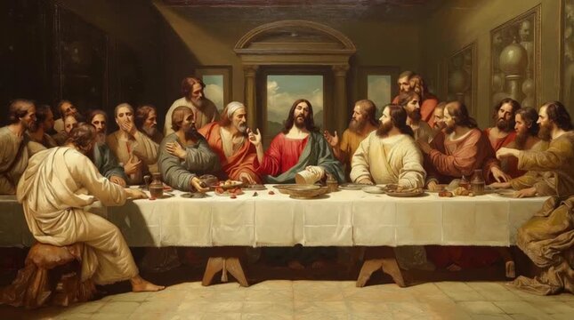 The Last Supper: Detailed Renaissance Painting of Jesus with Disciples at Table, Biblical Scene, Religious Artwork, Fine Art Detail.