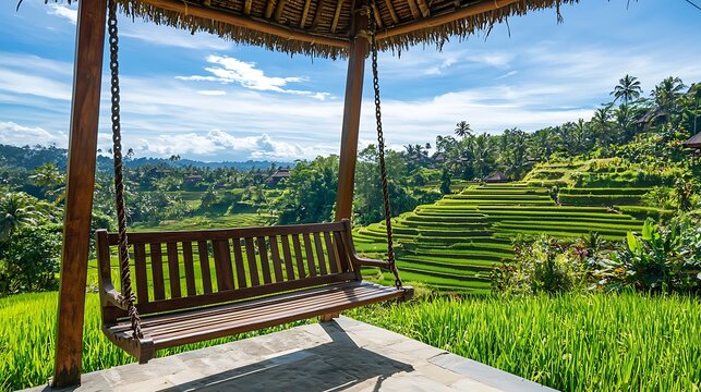 Wooden swing overlooking lush rice terraces