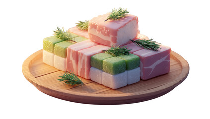 Stacked, colorful, sweet cubes on wooden plate