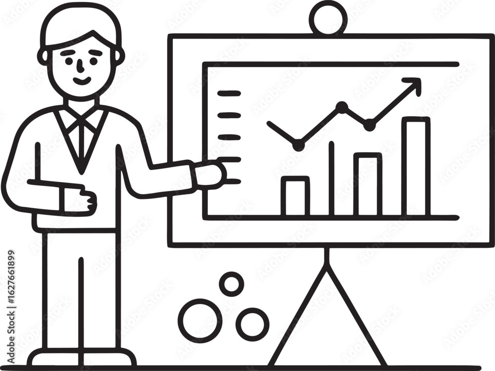 Poster man presenting business growth chart on whiteboard with upward arrow business presentation graph