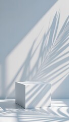 White cube product display stand with palm leaf shadow for presentation and promotion
