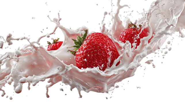 Strawberry falling into milk