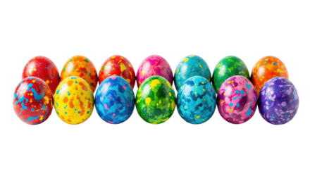 Ten colorful, hand-painted Easter eggs with abstract marbling and splattered patterns in vibrant shades (red, orange, yellow, teal, pink, blue, green, purple) in a row on a transparent background