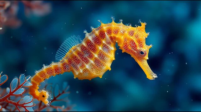 Graceful yellow seahorse swimming underwater in deep blue ocean. Peaceful macro exploration of delicate marine animal resting on vibrant coral in its natural habitat