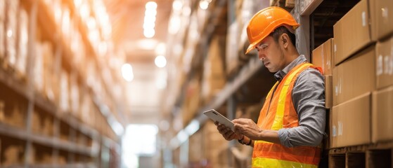 The warehouse worker using a tablet for inventory management.