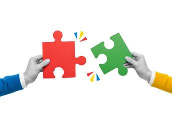 Illustration of two hands holding puzzle pieces connecting together isolated on transparent background