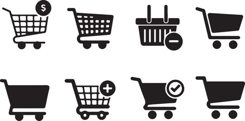 Eight shopping cart icons with various symbols including dollar sign plus minus checkmark on white trolley