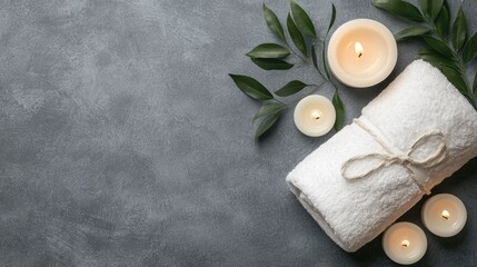Luxury vacation spa day with tranquil candles botanical leaves and soothing floral elements for a relaxing wellness retreat and self care experience
