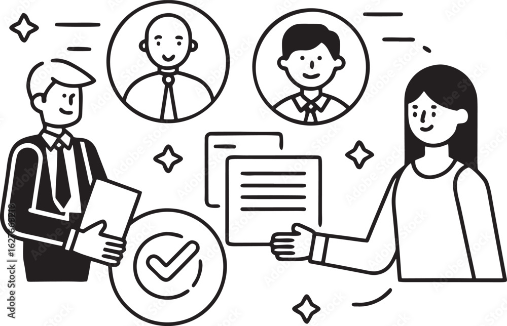Poster two people in a job interview with documents and a checkmark hiring recruitment