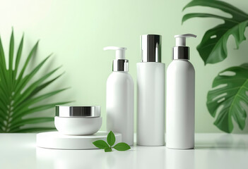 White bottles of cosmetics without labels on a white countertop, with a light green wall and green leaves of indoor plants in the background